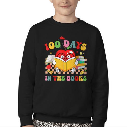 Groovy 100 Days In The Books Reading 100th Day Of School Youth Crewneck Sweatshirt - Bookorys CA