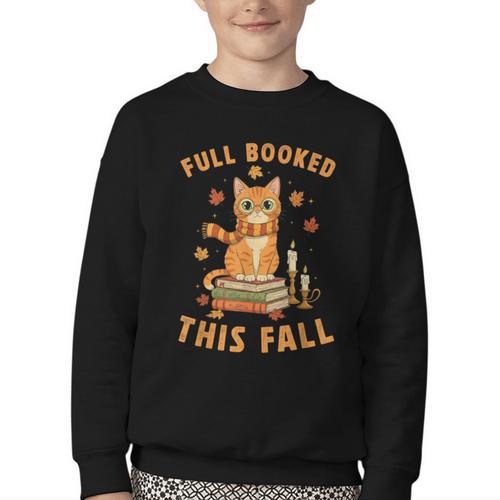 Halloween Fully Booked This Fall Book Ginger Cat Reading Youth Crewneck Sweatshirt - Bookorys
