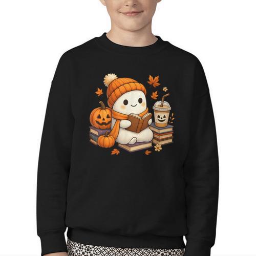 Halloween Ghost Reading Book Lovers Coffee Girl Women Youth Crewneck Sweatshirt - Bookorys DE