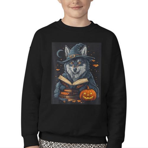 Halloween Girls Boys Cute Wolf Book Pumpkin Kids Halloween Youth Crewneck Sweatshirt - Bookorys AU