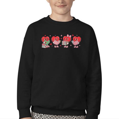 Heart Reading Books Valentine Teacher Library Book Lover Youth Crewneck Sweatshirt - Bookorys DE