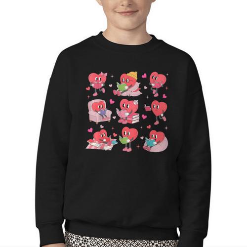Hearts Reading Book Lovers All Booked For Valentine Youth Crewneck Sweatshirt - Bookorys