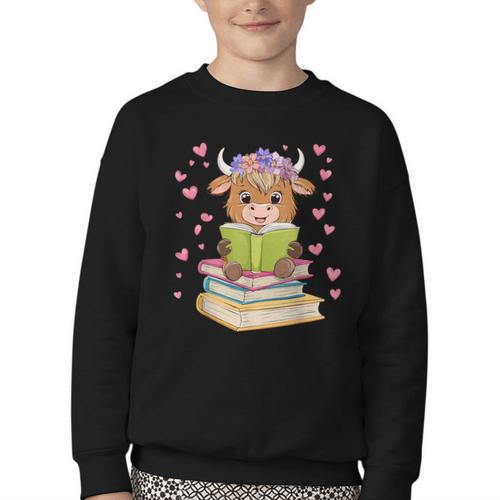 Highland Cow Reading Book Floral Bookworm Youth Crewneck Sweatshirt - Bookorys DE