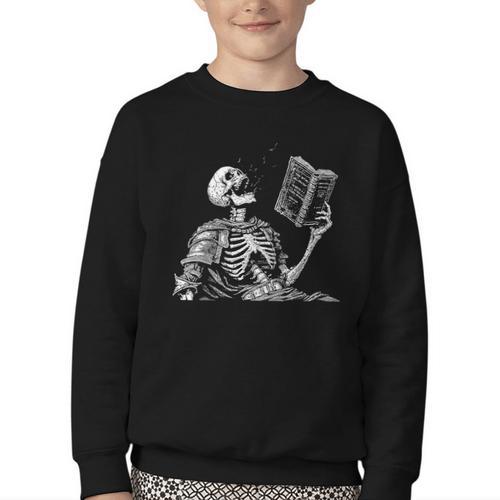 Hilarious Skeleton Holding a Book And Laughing Gothic Youth Crewneck Sweatshirt - Bookorys DE