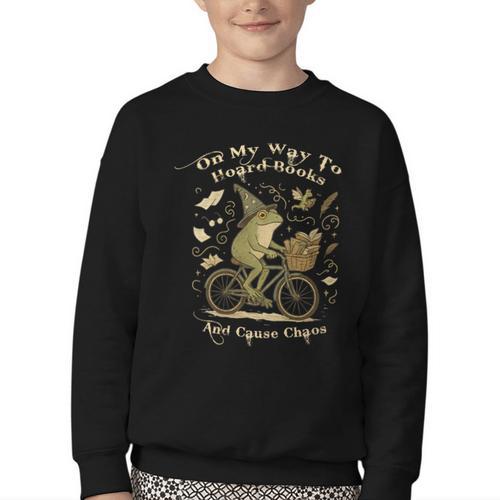 On My Way To Hoard Books And Cause Chaos Tom Foolery Frog Youth Crewneck Sweatshirt - Bookorys UK