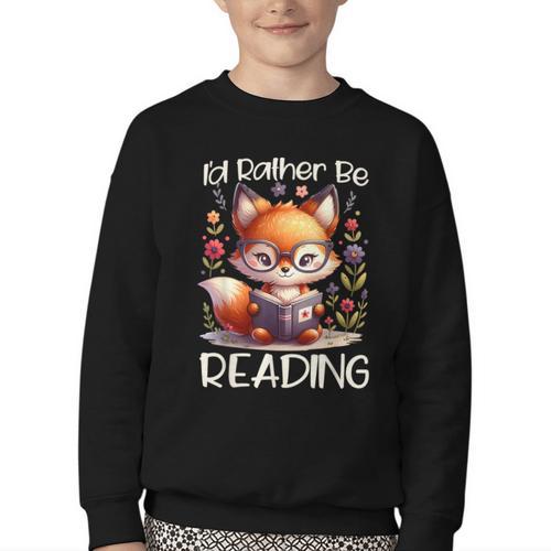 I'd Rather Be Reading Cute Fox Book Lover Reader Bookworm Youth Crewneck Sweatshirt - Bookorys