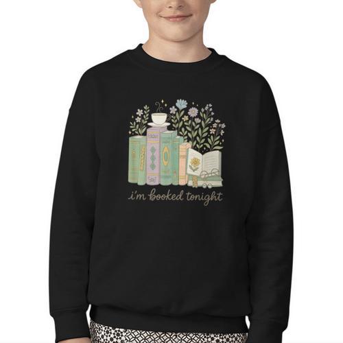 I'm Booked Tonight Cozy Floral Book Lover Graphic Youth Crewneck Sweatshirt - Bookorys