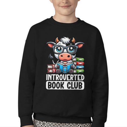 Introverted Book Club Reading Lover Cow Youth Crewneck Sweatshirt - Bookorys AU