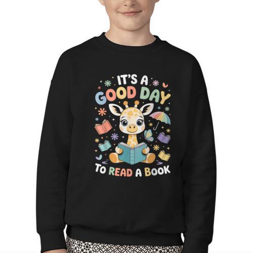 It's a Good Day To Read a Book Cute Giraffe Youth Crewneck Sweatshirt - Bookorys CA