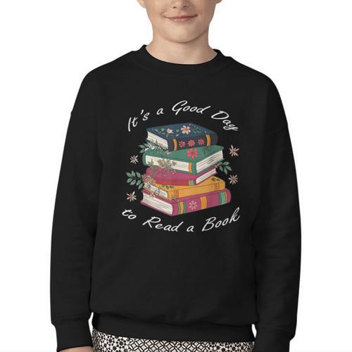 It's a Good Day To Read a Book Floral Stack Tee Youth Crewneck Sweatshirt - Bookorys CA