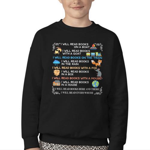 IWill Read Books On A Boat & Everywhere Reading Kids Youth Crewneck Sweatshirt - Bookorys