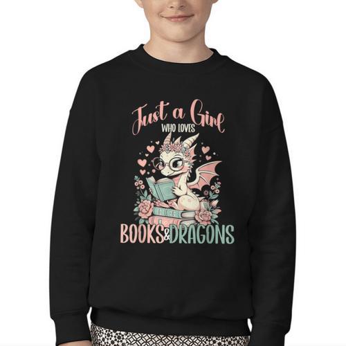 Just a Girl Who Loves Books And Dragons Book Dragon Lover Youth Crewneck Sweatshirt - Bookorys