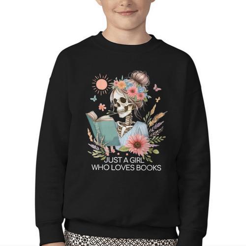 Just A Girl Who Loves Books Messy Bun Book Skeleton Bookworm Youth Crewneck Sweatshirt - Bookorys