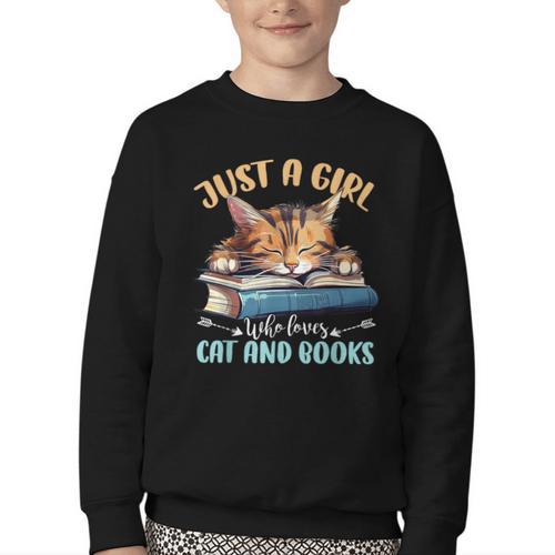 Just a Girl Who Loves Cats And Books Kitties Pet Art Lover Youth Crewneck Sweatshirt - Bookorys AU