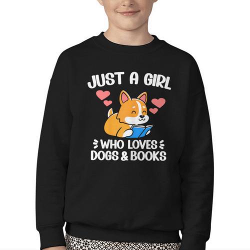 Just A Girl Who Loves Dogs And Books Reading Dog Puppy Lover Youth Crewneck Sweatshirt - Bookorys CA