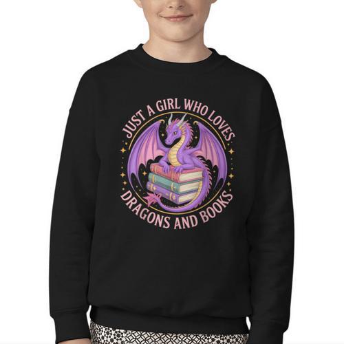Just A Girl Who Loves Dragons And Books Fantasy Dragon Youth Crewneck Sweatshirt - Bookorys