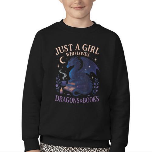 Just a Girl Who Loves Dragons And Books Fantasy Youth Crewneck Sweatshirt - Bookorys