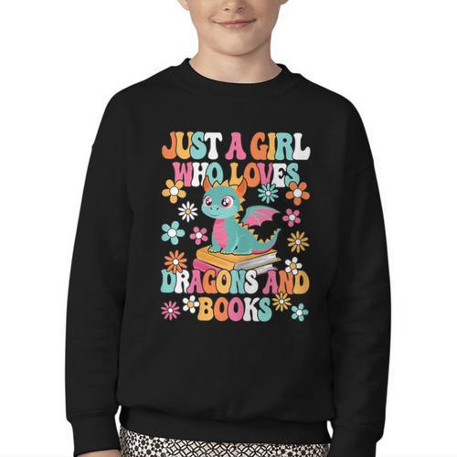 Just A Girl Who Loves Dragons And Books Reading Bookworm Youth Crewneck Sweatshirt - Bookorys CA