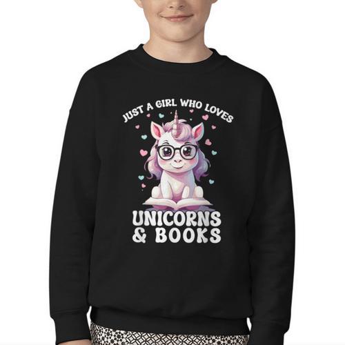 Just a Girl Who Loves Unicorns & Books Bookish Unicorn Love Youth Crewneck Sweatshirt - Bookorys