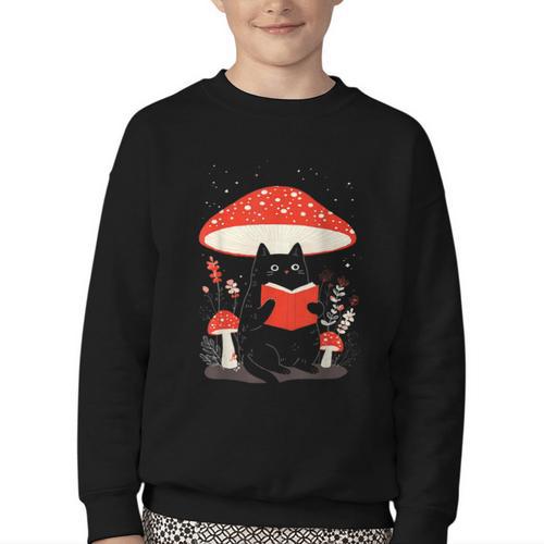 Kawaii Cottagecore Mushroom Cat Reading a Book Youth Crewneck Sweatshirt - Bookorys AU