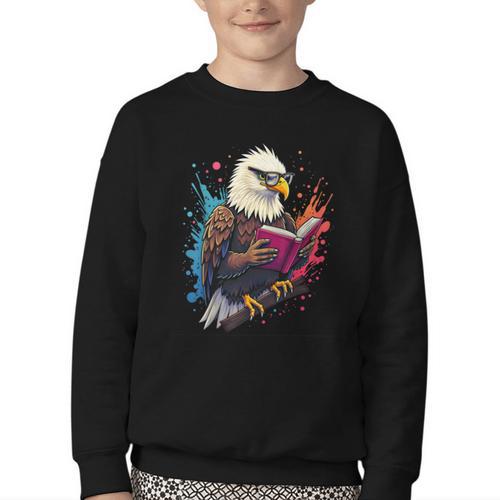 Kawaii Eagle Reads Book Reading Library Book Bookworm Youth Crewneck Sweatshirt - Bookorys