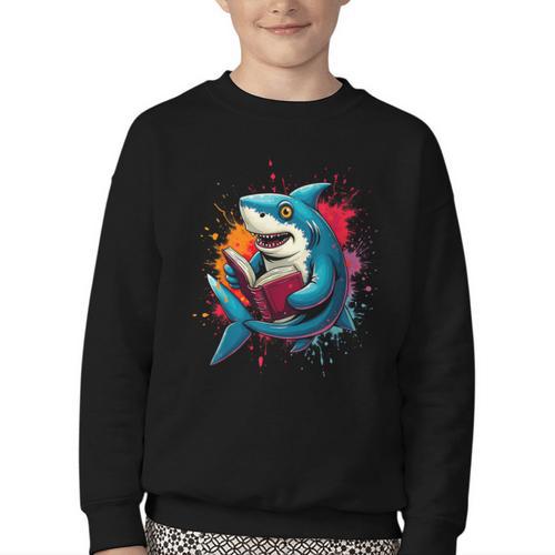 Kawaii Shark Reads Book Reading Library Book Bookworm Youth Crewneck Sweatshirt - Bookorys