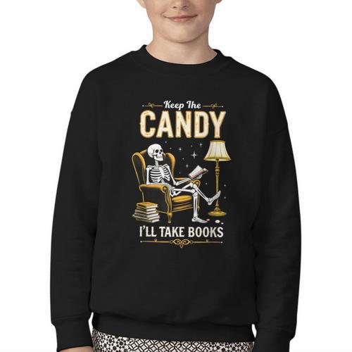 Keep The Candy I'Ll Take Books Halloween Youth Crewneck Sweatshirt - Bookorys AU