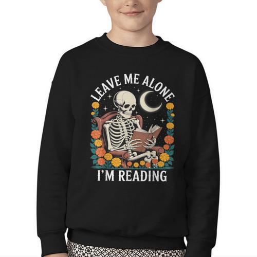 Leave Me Alone Skeleton Reading Book Floral Moon Librarian Youth Crewneck Sweatshirt - Bookorys CA