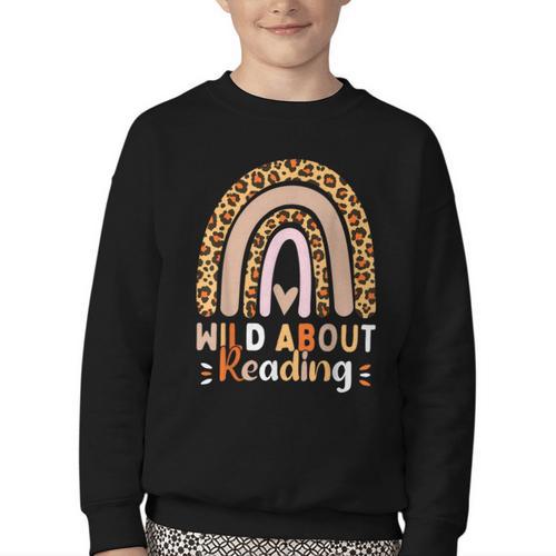 Leopard Teacher Wild About Reading Books Reader Librarian Youth Crewneck Sweatshirt - Bookorys DE