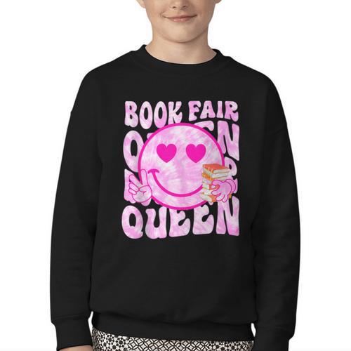 Library Book Fair Queen Vibe Groovy Tie Dye School Reading Youth Crewneck Sweatshirt - Bookorys
