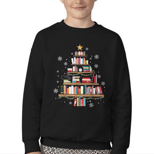 Library Books Christmas Tree Teacher Xmas Snowflake Youth Crewneck Sweatshirt - Bookorys AU