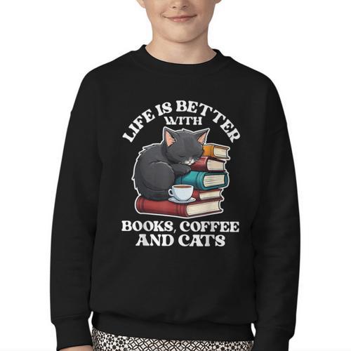 Life Is Better With Books Cats & Coffee Librarian Book Lover Youth Crewneck Sweatshirt - Bookorys