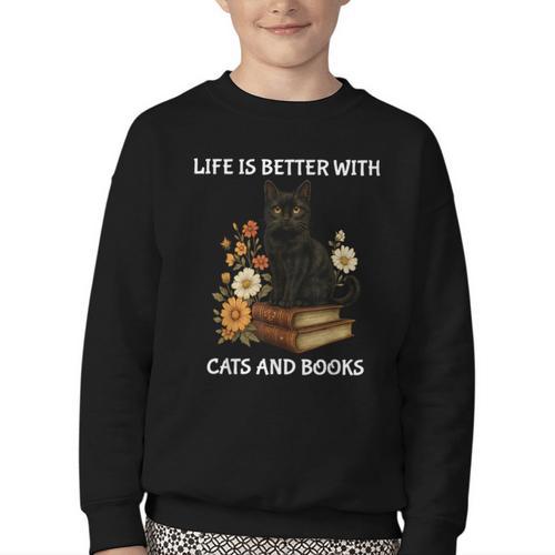 Life Is Better With Cats And Books Cute Cat Lover For Men Women Kids Youth Crewneck Sweatshirt - Bookorys