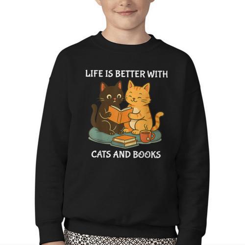 Life Is Better With Cats And Books Cute Cat Lover Youth Crewneck Sweatshirt - Bookorys