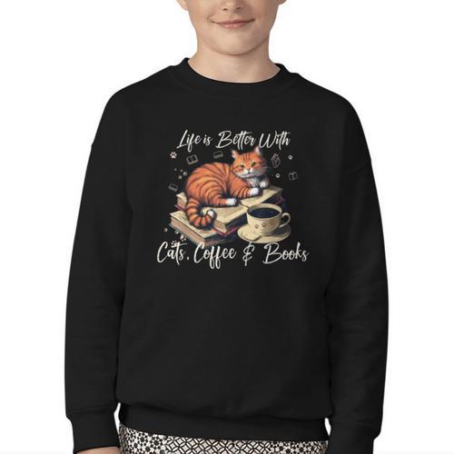 Life Is Better With Cats Coffee And Books Youth Crewneck Sweatshirt - Bookorys