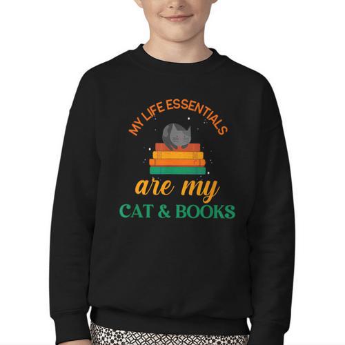 My Life Essentials Are Cat And Books Youth Crewneck Sweatshirt - Bookorys UK