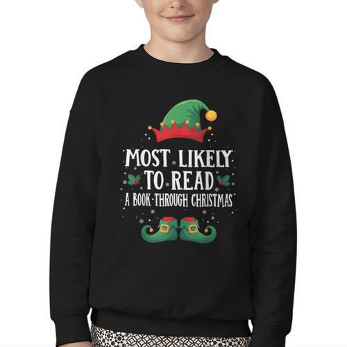 Most Likely To Read A Book Matching Christmas Elf Youth Crewneck Sweatshirt - Bookorys CA