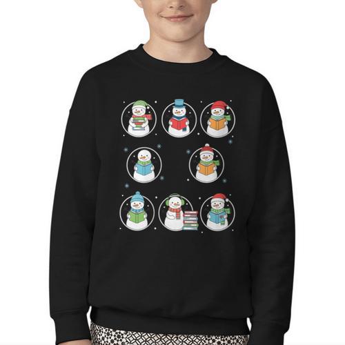Literary Winter Reading Snowmen Cozy Book Lover Pattern Youth Crewneck Sweatshirt - Bookorys