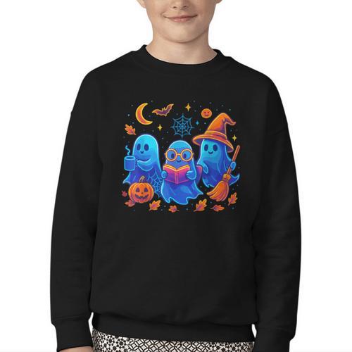 Little Ghost Coffee Tee Spooky Season Ghost Reading Book Youth Crewneck Sweatshirt - Bookorys