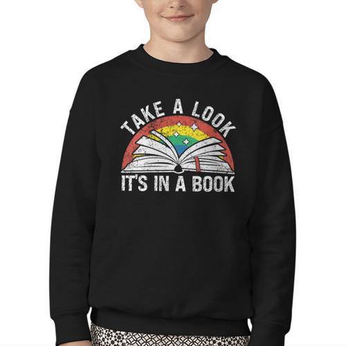 Take a Look It's In a Book Reading Vintage Retro Rainbow Youth Crewneck Sweatshirt - Bookorys CA