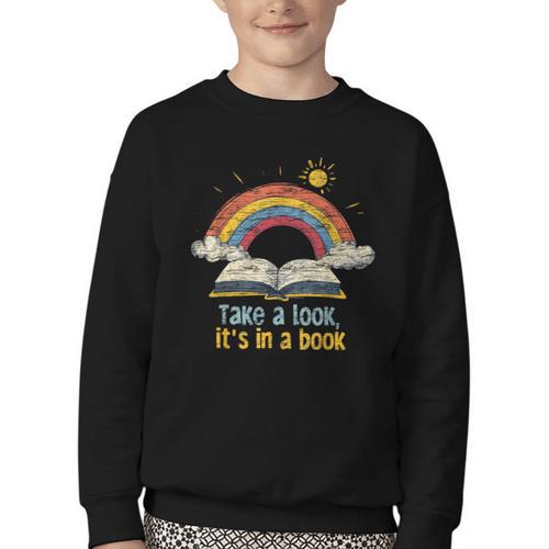 Take a Look It's In a Book Vintage Reading Teacher Rainbow Youth Crewneck Sweatshirt - Bookorys CA