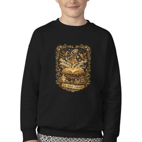 The Magic Of Books Vintage Style Reading Lover Cat & Tea Youth Crewneck Sweatshirt - Bookorys AU