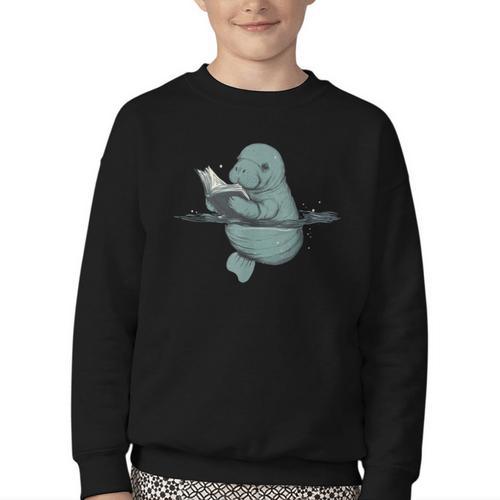 Manatee Reading Book Bookworm Manatees Ocean Animal Lover Youth Crewneck Sweatshirt - Bookorys