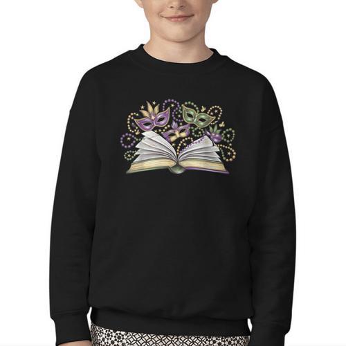Mardi Gras Book Librarian Author Purple Beads Youth Crewneck Sweatshirt - Bookorys AU