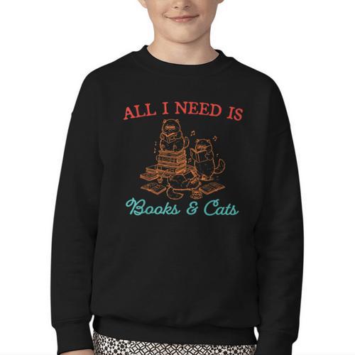 All I Need Is Books & Cats Cozy Youth Crewneck Sweatshirt - Bookorys AU