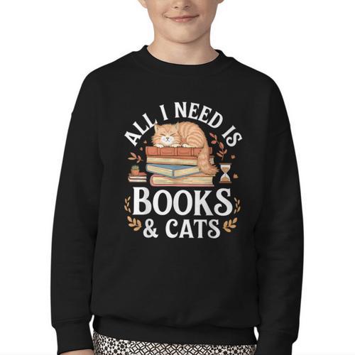 All I Need Is Books And Cats Reading Youth Crewneck Sweatshirt - Bookorys DE