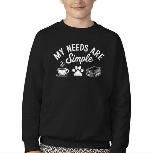 My Needs Are Simple Cat Dog Reading Book Coffee Youth Crewneck Sweatshirt - Bookorys CA