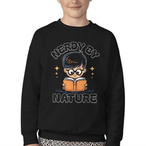 Nerdy By Nature Chibi Cute Book Lover Youth Crewneck Sweatshirt - Bookorys