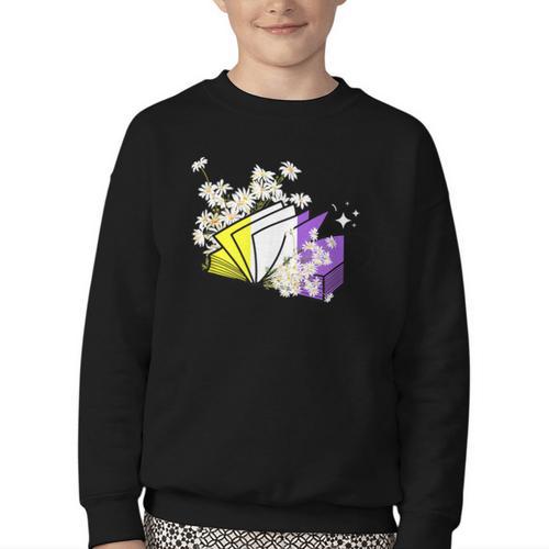 Non-Binary Book Lover Nonbinary Daisy LGBT Reading Pride Youth Crewneck Sweatshirt - Bookorys