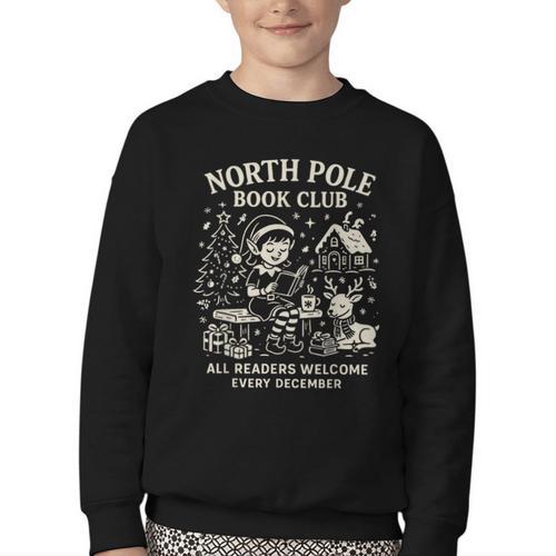 North Pole Book Club Christmas Elf Bookish Retro Graphic Youth Crewneck Sweatshirt - Bookorys
